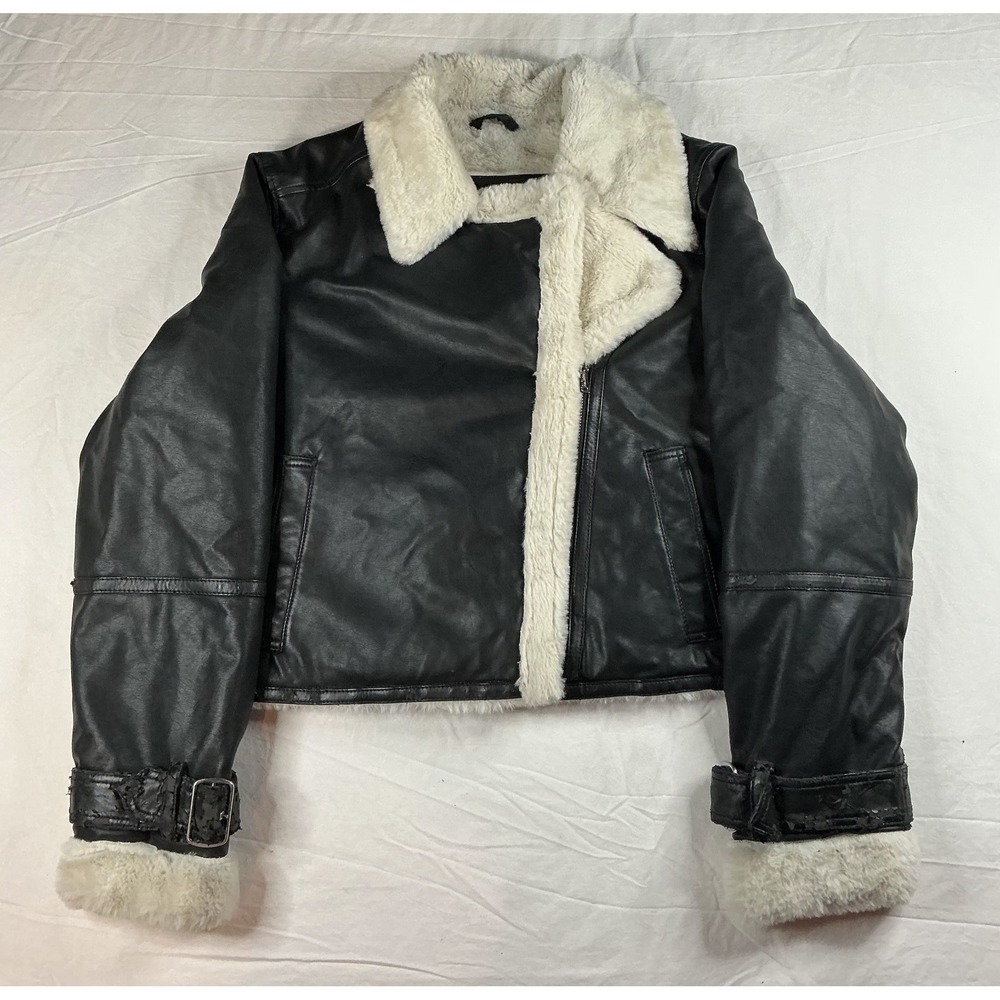 Hollister Faux Leather Shearling Aviator Jacket Black Mens Large Biker Bomber